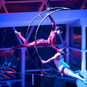 Acrobatic performance in the Eden venue on Celebrity Beyond, offering world-class entertainment for couples on a cruise getaway.