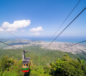 The Teleférico cable car rising above Puerto Plata, a popular adventure for guests on the Christian Marriage Cruise.